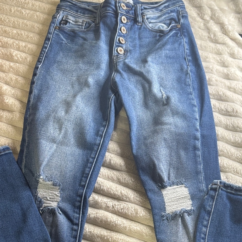 KanCan Medium Blue High-Rise Skinny Jeans with Distressed Knees
